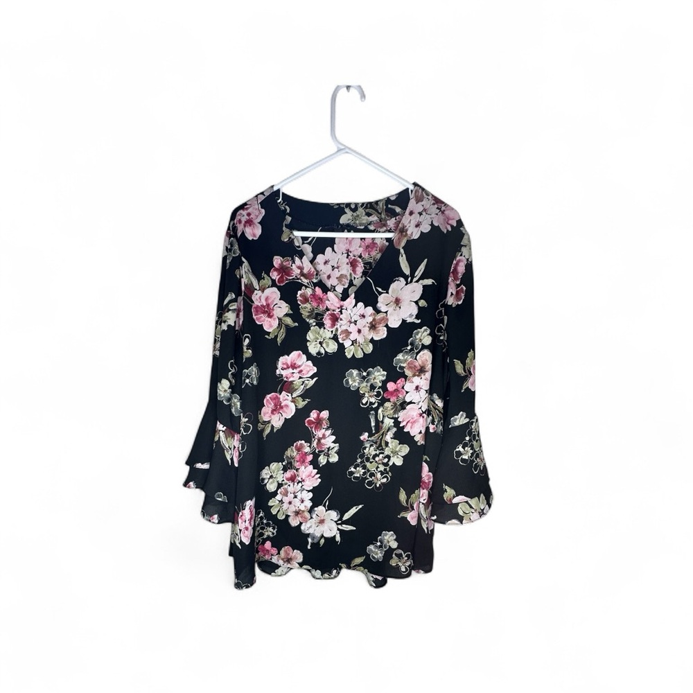 Sami & Jo Black Floral Blouse with Pink Accents